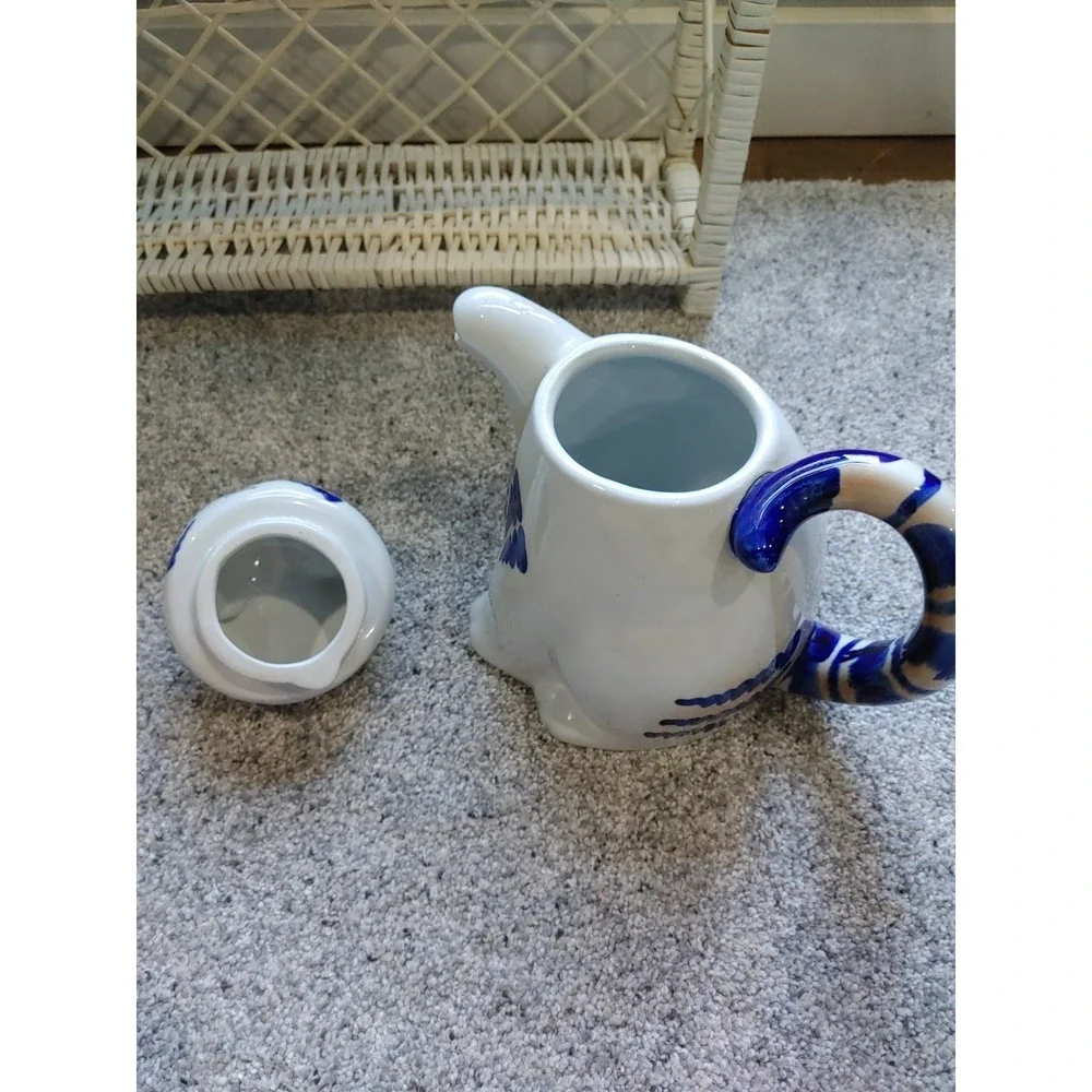 Pier 1 Lucky Cat Teapot Blue Striped Kitty Paw Spout 8.5